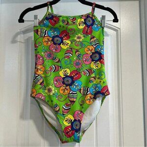 Hanna Andersson Mottled Bright Green Floral Crossback Swimsuit. Size 12/14.